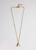 gold stainless steel chain necklace with idian agates charms with a freshwater pearl on white background
