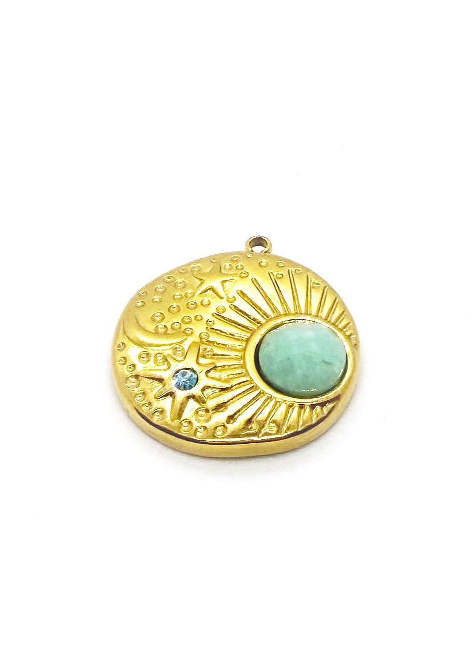 Gold Stainless Steel Moon pendant on white background with an amazonite stone