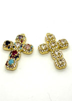 stainless steel Pair of cross-shaped charms with gemstones on a white background
