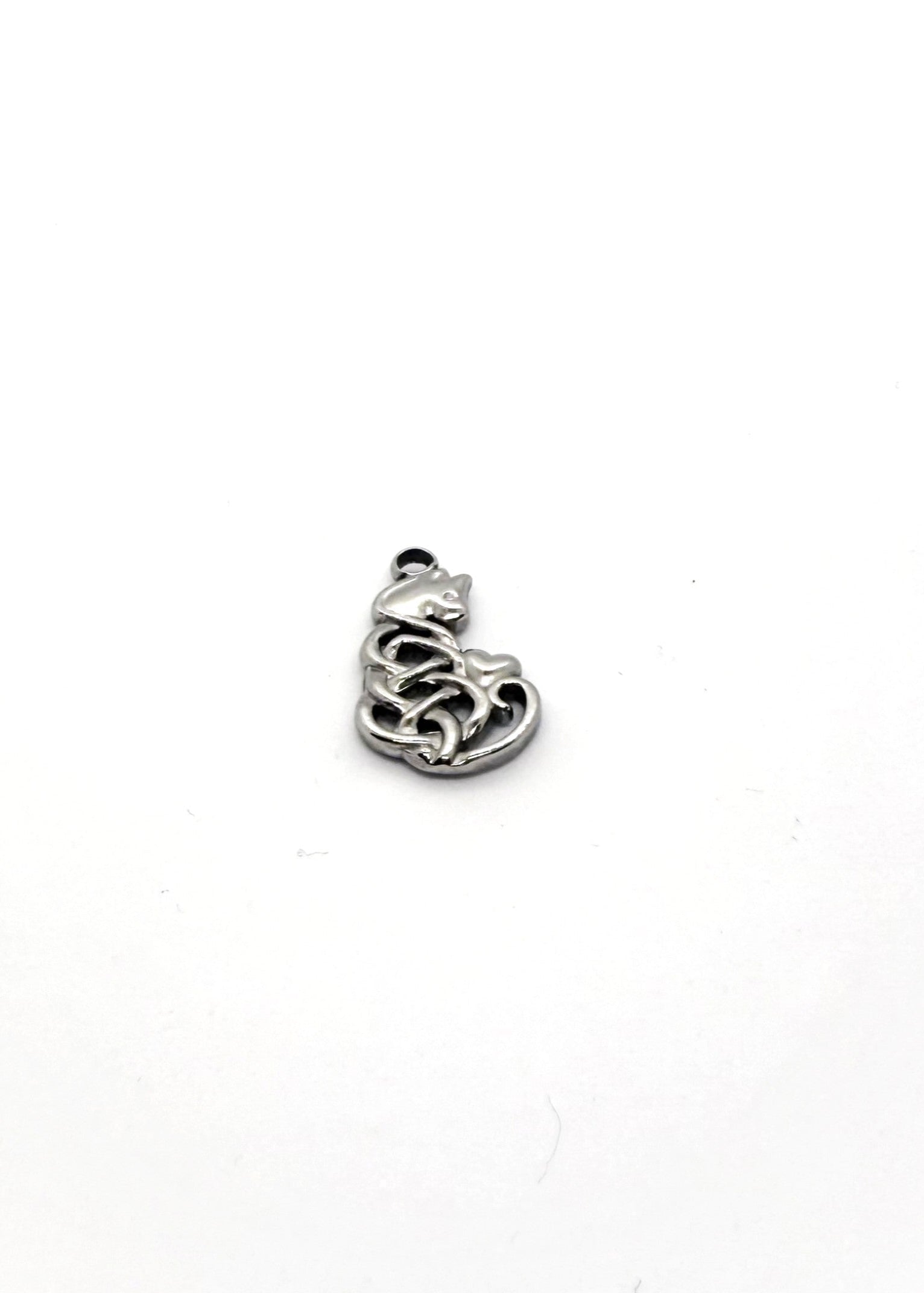 Silver Stainless Steel Cat Charm on white background